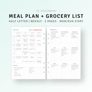 Planejador de refeições semanais, encartes de meia letra para impressão, lista de compras de supermercado simples, planejador de refeições para a família, rastreador de refeições diárias, download instantâneo de PDF