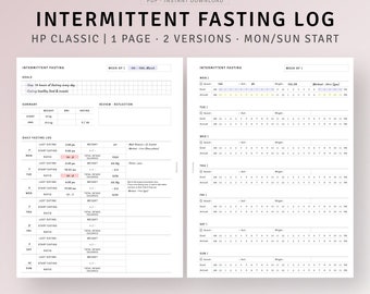 May include: A printable intermittent fasting log in PDF format. The design includes sections for goals, a summary, and a daily fasting log. The log is designed for HP Classic and offers two versions with a Monday/Sunday start.