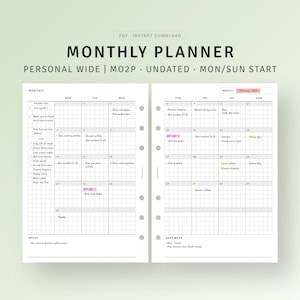 Minimal Monthly Planner Printable Month on 2 Pages, To do list, Hobo Style Monthly Overview Template, Personal Wide Inserts Instant Download