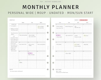 Minimal Monthly Planner Printable Month on 2 Pages, To do list, Hobo Style Monthly Overview Template, Personal Wide Inserts Instant Download