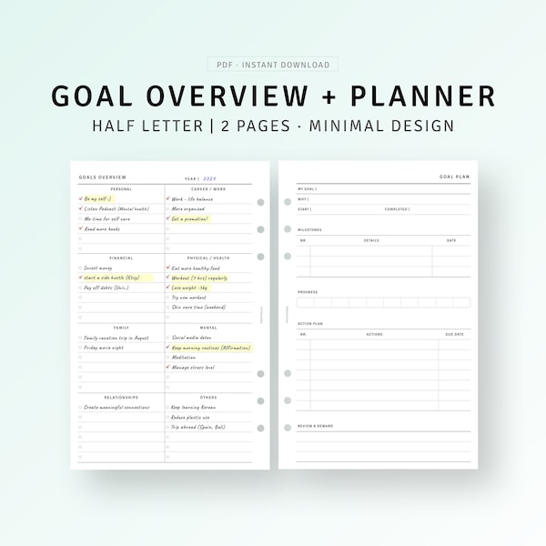 Goal Setting Planner Printable Half-Letter Inserts, Life Goal Template, Action Tracker, Vision Board, Yearly Goal Worksheet, Progress Log