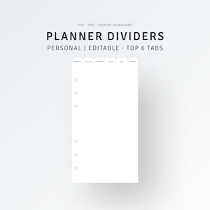 Personal Planner Dividers Printable, PDF, PNG, Editable Planner Dashboard Template, Disc Ring Binder, Custom Top 6 Tabs, DIY Index Label