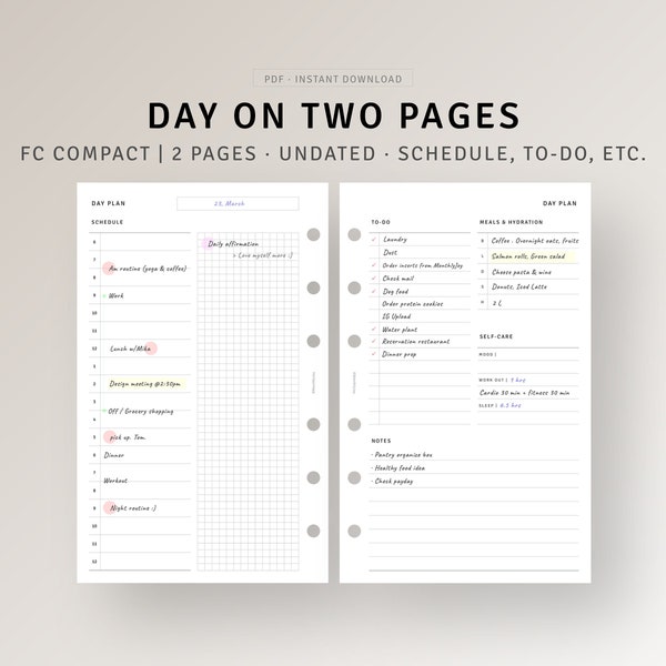 Day on 2 Pages FC Compact Printable, Daily Hourly Scheduler, Undated Daily Agenda Organizer, Productivity Planner, Grid Notes, To-do list