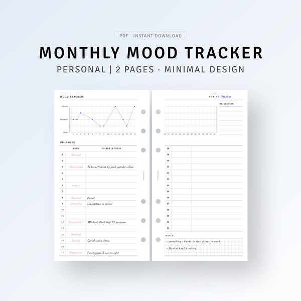 Mood Tracker Printable Personal Size Inserts Mindfulness Emotion List, Anxiety Tracker, Feeling Review Graph, Monthly Mental Health Template