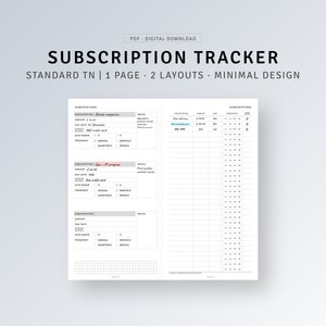 STANDARD TN | Abonnement-Tracker druckbare Beilagen, Zahlungsbudget-Überwachungsliste Blatt, Vorlage für die Zahlung, Rechnungs-Organizer, Abonnement-Tagebuch