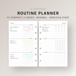 Op de afbeelding: Een printbare routineplanner met een minimalistisch ontwerp. De planner is verdeeld in twee pagina's, met de linkerpagina een dagelijkse routine-tracker en de rechterpagina een wekelijkse, maandelijkse en driemaandelijkse tracker. De planner is ontworpen voor gebruik met een compacte FC-planner.