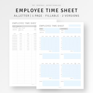 May include: A printable employee time sheet template in A4 or letter size. The template has two versions, one with a daily breakdown and one with a weekly breakdown. The template is fillable and includes space for employee name, supervisor, department, date, start time, end time, break time, and total hours worked.