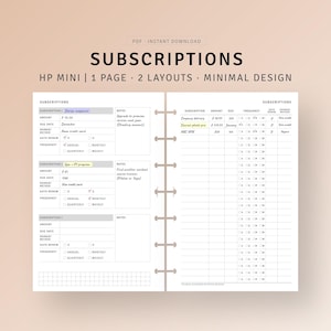 Abonnement-Tracker HP Mini druckbare Beilagen, Rechnungsvorlage für Mitgliedszahlungen, Ausgabenlog, Abonnement-Organizer, digitaler Download