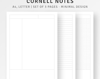 Cornell Notes Printable A4/Letter Inserts, Grid Lined Blank Student Lecture Notes Taking Template, Brain Dump, Study Notes, Digital Download