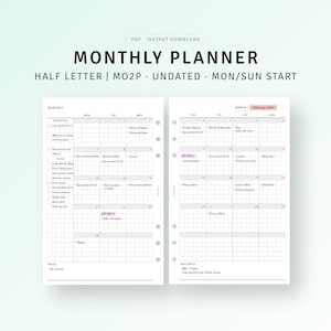 Monthly Planner with Calendar Half Size Inserts Printable Undated Monthly Agenda Organizer, Month on 2 Pages Template, Digital Download PDF