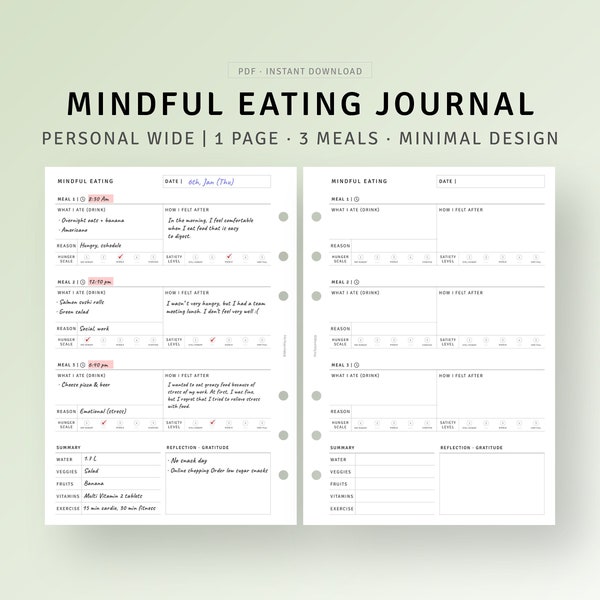 Mindful Eating Food Journal Personal Wide Inserts Printable Intuitive Eating Habit Planner PDF, Food Log Tracker, Food Sensitivities Diary