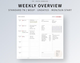 Undated Weekly Planner Inserts | Weekly Overview Template, TN Standard Printable Agenda Organizer, To do list, WO2P Sheet, Week At A Glance