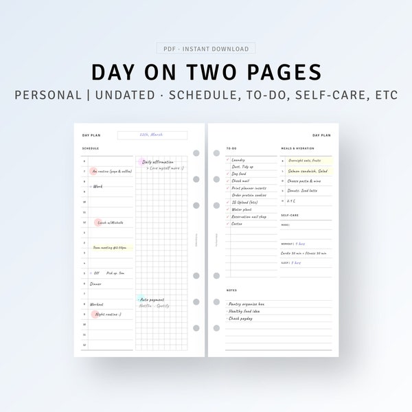 Personal, Simple Daily Planner Printable Day on Two Pages, To do list, Daily Hourly Schedule Template PDF, Daily Agenda Organizer Sheet