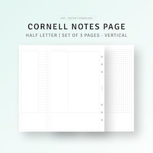 Könnte beinhalten: Ein Satz von drei druckbaren Cornell Notes-Seiten im Format Half Letter. Die Seiten sind für vertikales Notieren konzipiert und beinhalten einen linierten Bereich für Notizen, einen leeren Bereich für Schlüsselwörter und einen karierten Bereich für Diagramme oder Zeichnungen.