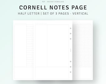 May include: A set of three printable Cornell Notes pages in half letter size. The pages are designed for vertical note-taking and include a lined section for notes, a blank section for keywords, and a gridded section for diagrams or drawings.