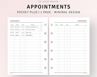 Pocket Plus, Bilaga till mötesplanerare, utskrivbar schemaläggningslista, mall för salongsbok, läkarbok i PDF-format