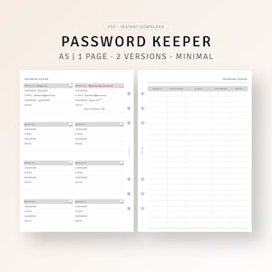 Afdrukbare A5-planner voor wachtwoordtracker, organisator gebruikersnaam en gebruikersnaam voor websitelogin, sjabloon voor online accountbeheer, logboek voor wachtwoordbehoud