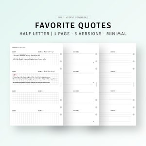 Modelo de citações favoritas para impressão, inserções de meio tamanho, registro de citações de mentalidade positiva, diário de citações de livros, planejador de rastreamento de melhores citações de filmes