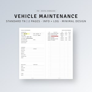 Car Maintenance Log Printable TN Standard Inserts, Car Repair List, Vehicle Service Maintenance Tracker, Auto Mileage Log Journal Template