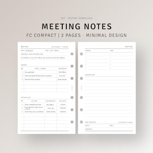 Meeting Notes Template Printable Work Planner for Business, Meeting Minutes, Project Agenda, Discussion Notes, FC Compact Instant Download