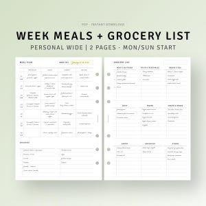 Planificateur de menus hebdomadaire avec liste de courses imprimables larges encarts personnels, modèle de préparation de repas 7 jours, feuille de plan de repas simple, téléchargement immédiat