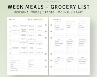 Planificateur de menus hebdomadaire avec liste de courses imprimables larges encarts personnels, modèle de préparation de repas 7 jours, feuille de plan de repas simple, téléchargement immédiat