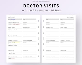 Doctor Visits Log A6 Inserts Printable Doctor Appointments Planner, Hospital Medical Tracker, Health Care Wellness Journal, Digital Download