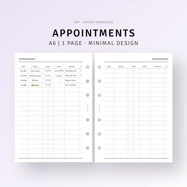 A6 Inserts, Appointment Tracker Printable, Doctor's Meeting Appointments, Booking Checklist, Team Meeting List, Beauty Appointments Reminder