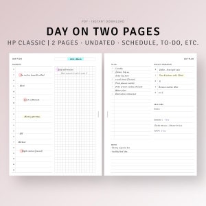 HP Classic, Simple Daily Planner Printable Day on 2 Pages, To do list, Agenda Organizer, Daily Hourly Schedule Template, Digital Download