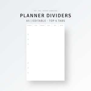 Editable A5 Planner Dividers | PDF, PNG | A5 Planner Dividers Template, Planner Dashboard Printable, Personalized Top Tab, Index Page Finder