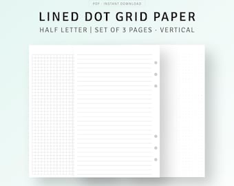 May include: A printable PDF of lined, dot grid paper in half letter size. The paper is divided into three sections: a grid section, a lined section, and a dot grid section. The paper is designed for vertical use.