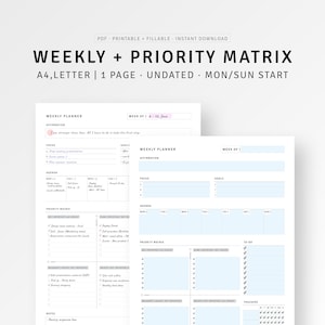 Weekly Planner + Priority Matrix Printable A4/Letter Fillable Weekly Overview Sheet, Productivity Planner, Time Blocking Page, To-do list