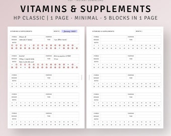 May include: A printable vitamin and supplement tracker with five sections for tracking daily intake. Each section includes a space for the item name, dosage, purpose, time, and notes. The tracker is designed for the month of January 2023.