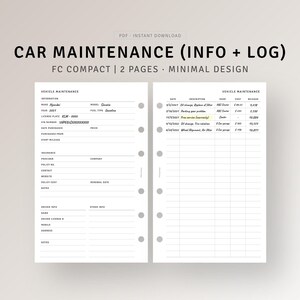 May include: A printable car maintenance log with sections for vehicle information, insurance details, driver information, and a log for maintenance records. The log includes columns for date, description, shop, cost, and mileage.