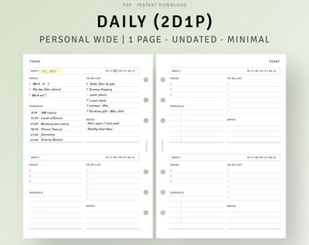 Planificador diario imprimible, insertos anchos personales, 2 días en 1 página, lista de tareas, organizador de horarios, página de resumen diario, descarga digital