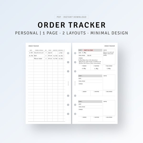 Personal Ring, Online Shopping Order Tracker Printable Purchase Tracker Sheet Template, Expense Tracking List, Holiday Gift Delivery Log