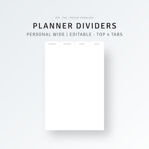 Planner Dividers Personal Wide Printable | PDF, PNG | Editable Planner Dashboard, Custom Index Finder, Planner Top 4 Tabs, DIY Page Marker