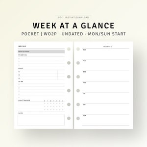 Undated Weekly Planner Printable Pocket Ring Inserts, Week on 2 Pages, To do list, Habit Tracker, Simple Weekly Agenda Overview Template PDF