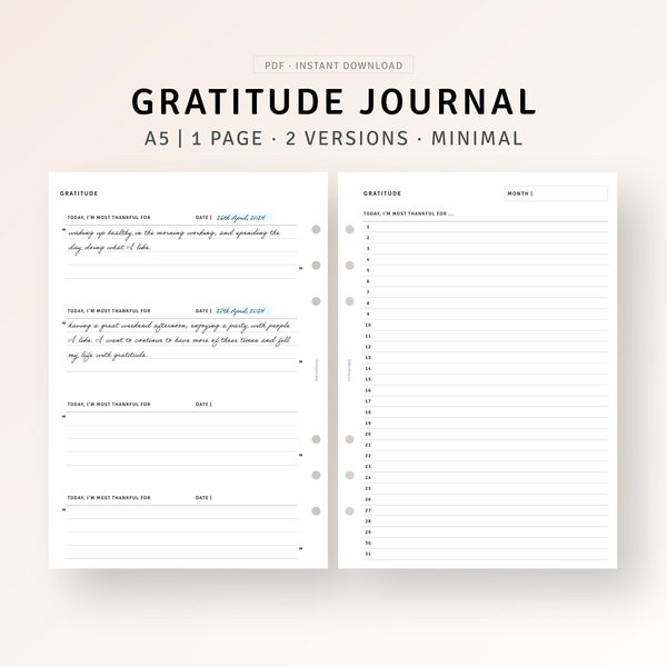 A5 Inserts, Gratitude Planner Template Printable Gratitude Journal, One Line A Day, Monthly Reflection, Self Care Journal, Digital Download