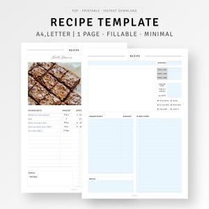 Plantilla de receta A4/Planificador de cartas Planificador de recetas de cocina imprimible PDF, Libro de cocina simple, Organizador de tarjetas con recetas de alimentos dietéticos, Descarga instantánea