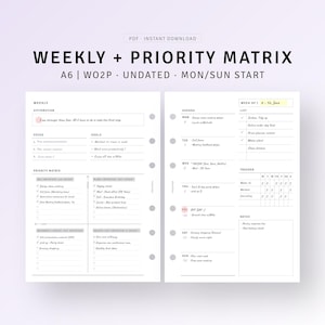 Planner semanal + matriz de prioridades A6 inserções imprimíveis sem data, páginas de visão geral semanal, WO2P, planejador de produtividade digital para download em PDF