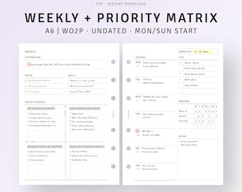 Weekly + Priority Matrix Planner A6 Inserts Printable Undated Weekly Overview Planner Pages, WO2P, Productivity Planner Digital Download PDF