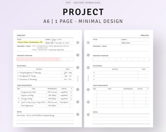 Planificador de proyectos imprimible, gestión del cronograma de reuniones de equipo, cronograma de progreso del trabajo, seguimiento de tareas, insertos A6, descarga digital en PDF