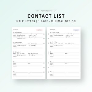 Puede incluir: Una plantilla de lista de contactos imprimible en tamaño media carta. La plantilla tiene dos columnas, una etiquetada como "Trabajo" y la otra como "Amigos". Cada columna tiene espacio para la información de contacto, incluyendo el nombre, el número de móvil, la dirección de correo electrónico y las notas.