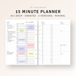 Può includere: Un planner stampabile di 15 minuti in formato A5 con un design minimalista. Il planner è non datato e ha due versioni. La pagina sinistra ha una sezione per "Oggi" con un programma e una sezione per "Lavoro" con una data e spazio per i compiti. La pagina destra ha una sezione per "Oggi" con un programma, una sezione per "Priorità", una sezione per "Lista", una sezione per "Pasti e acqua", e una sezione per "Note".