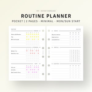 Può includere: Un planner di routine stampabile con sezioni per i compiti del mattino, del pomeriggio, della sera, settimanali, mensili e trimestrali. Il planner ha un design minimalista con cerchi grigi e bianchi per spuntare i compiti.
