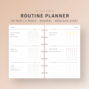 May include: A black and white printable routine planner for a HP Mini size planner. The planner has sections for morning, afternoon, night, weekly, monthly, and quarterly routines. The planner has checkboxes for each day of the week.