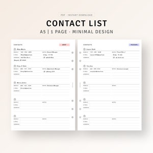 A5 Inserts | Contact List Printable Address Book Small Business Contact Page, Emergency Contact Information Planner, Work Email List, PDF