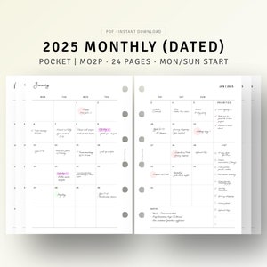 Planificador mensual 2025 de bolsillo, plantilla de calendario imprimible con fecha, organizador de agenda con lista de verificación, diseño MO2P, descarga digital