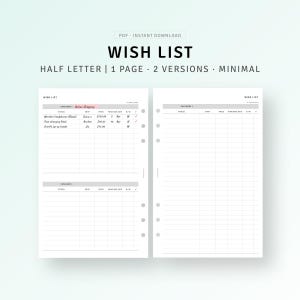 Wunschliste Tracker druckbare halbe Größe Einsätze, Weihnachten Online Shopping Wunschliste Vorlage, Einkaufsliste, Geschenke für mich, Sofort Download
